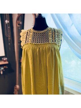 Chartreuse Sleeveless Top With Crochet Lace Yoke Design By Rain Size 3X green